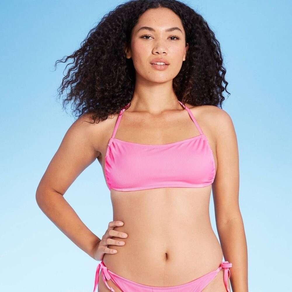 Xhilaration Bikini Top Juniors XS (00) Pink Ribbed‎ Apron Front Bralette Halter